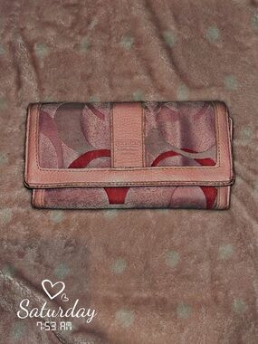 Coach Pink and Red Signature Tri-Fold Wallet